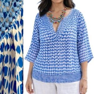 Lane Bryant Crinkled Pleated Geometric Print Top Size 18 20 Crochet Scoop Neck